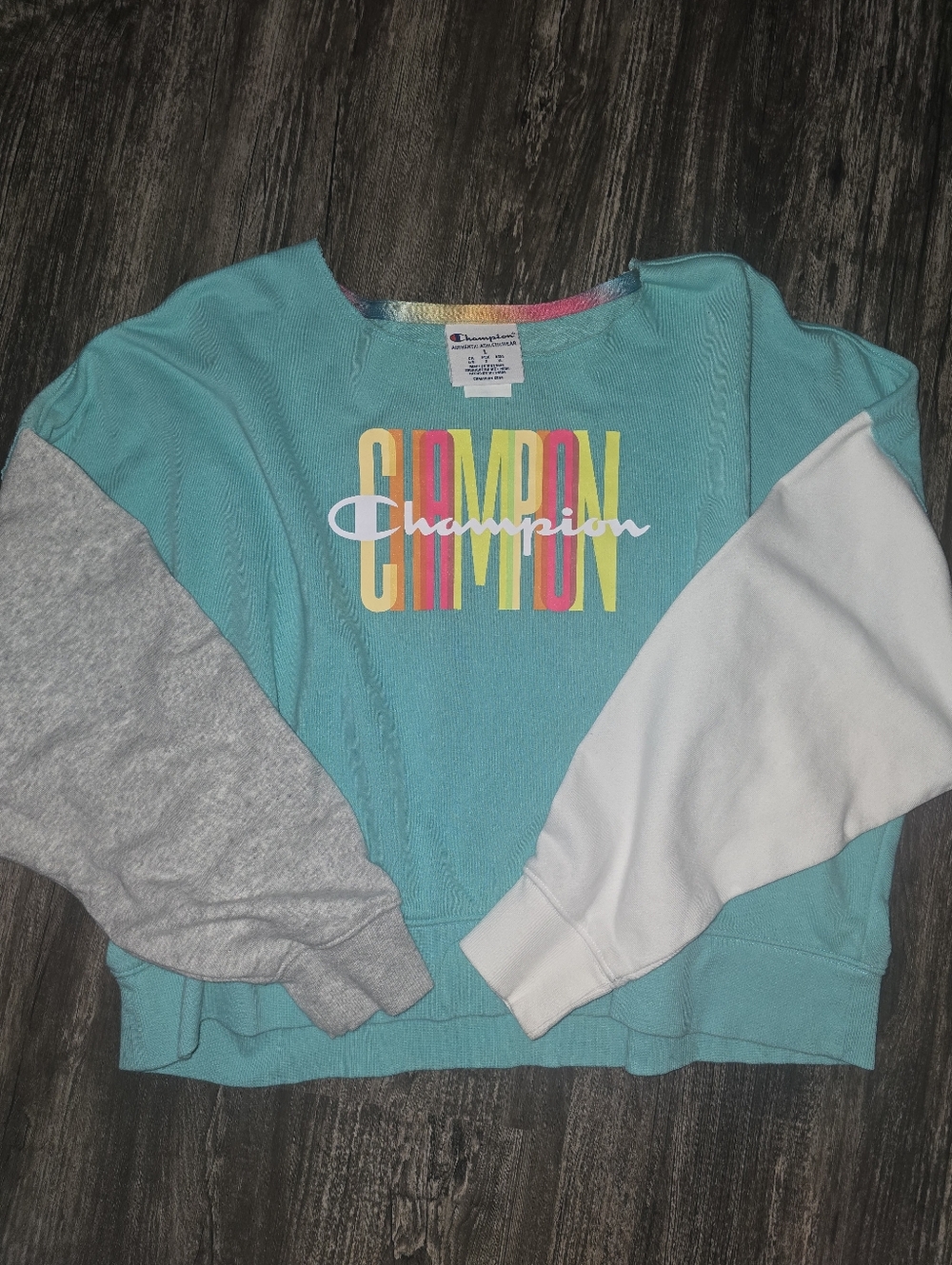 Champion Teal Colorblock Logo Crop Pullover with Multicolor Print Sz Large